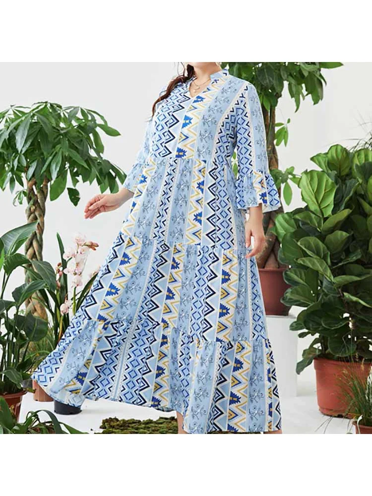 Plus-size new blue print skirt elastic waist dress women's wear plus size women clothing dress