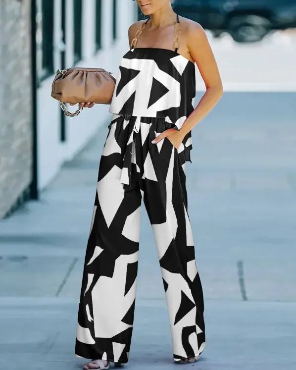 

Geo Print Colorblock Chain Linked Halter Jumpsuit women summer 2022 new fashion