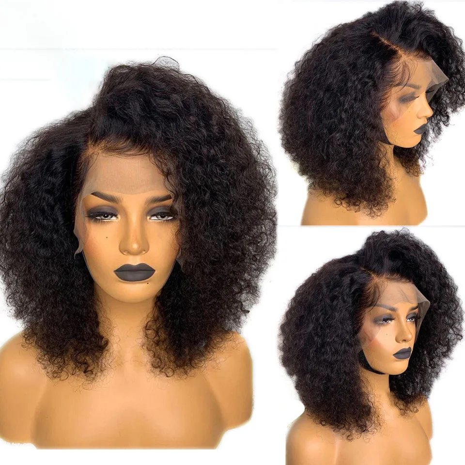 

Preplucked Glueless Blunt Cut Short Bob 14inch Natural Black Kinky Curly Soft Deep Lace Front Wigs For Women With Babyhair Daily