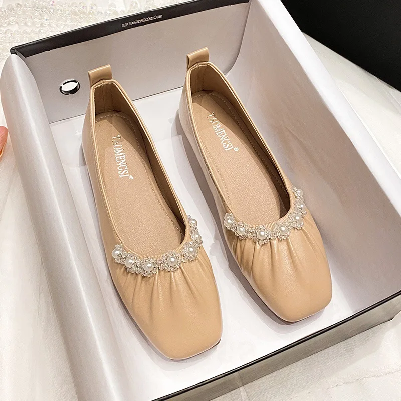 Shoes Woman 2023 Shallow Mouth Female Footwear Soft Pearl Decorateion Casual Sneaker Square Toe New Dress Summer Beading Grandma
