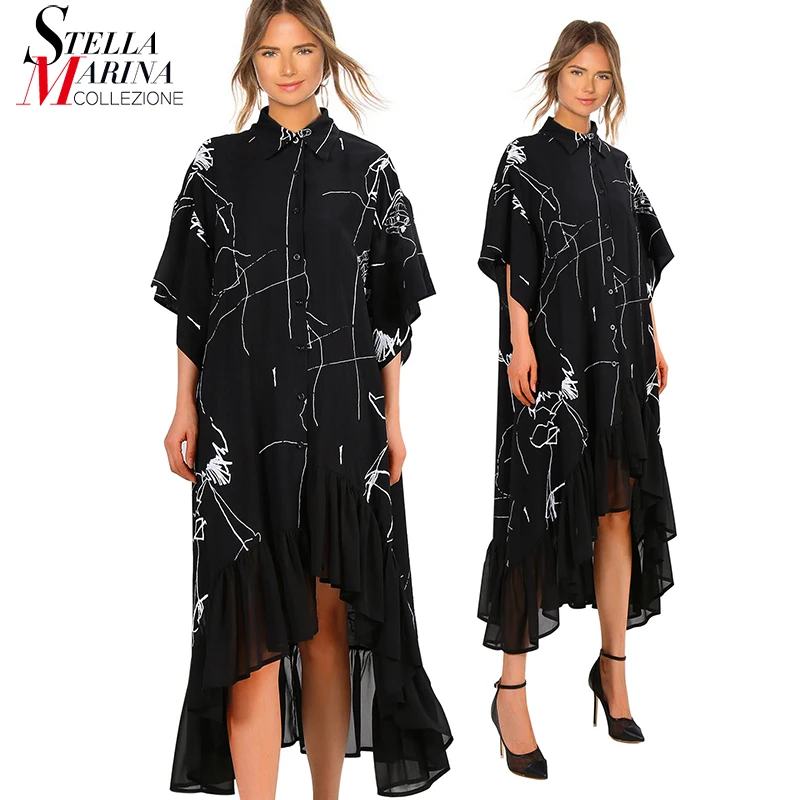 

Уникальное уличное Стильное женское летнее платье размера плюс, черное Повседневное платье-рубашка с рукавом до локтя, с оборками, женское ...