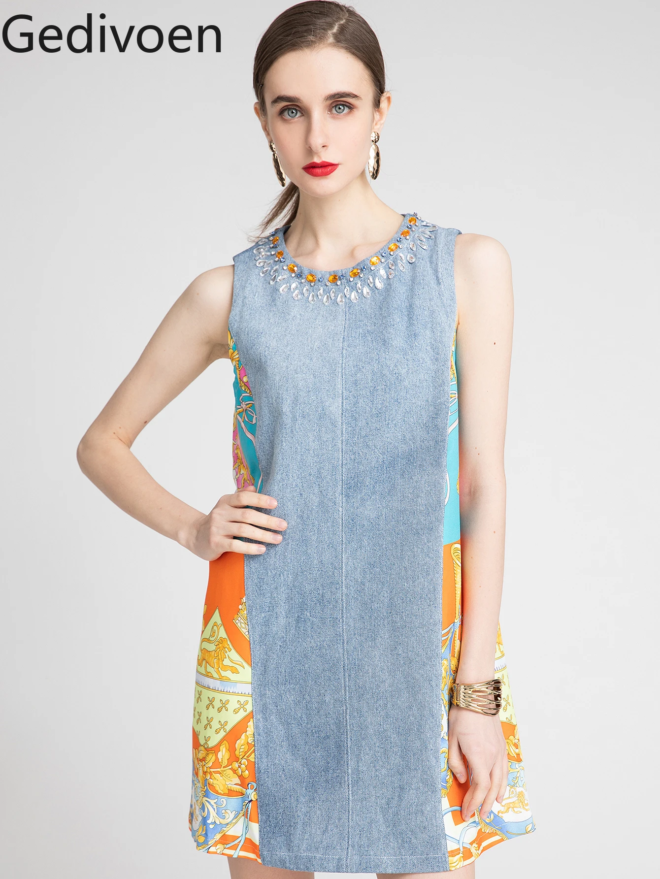 

Gedivoen Fashion Runway Summer Mini Dress Women's sleeveless Luxurious Beading Denim Splicing Printed O-Neck Tank Short Dress