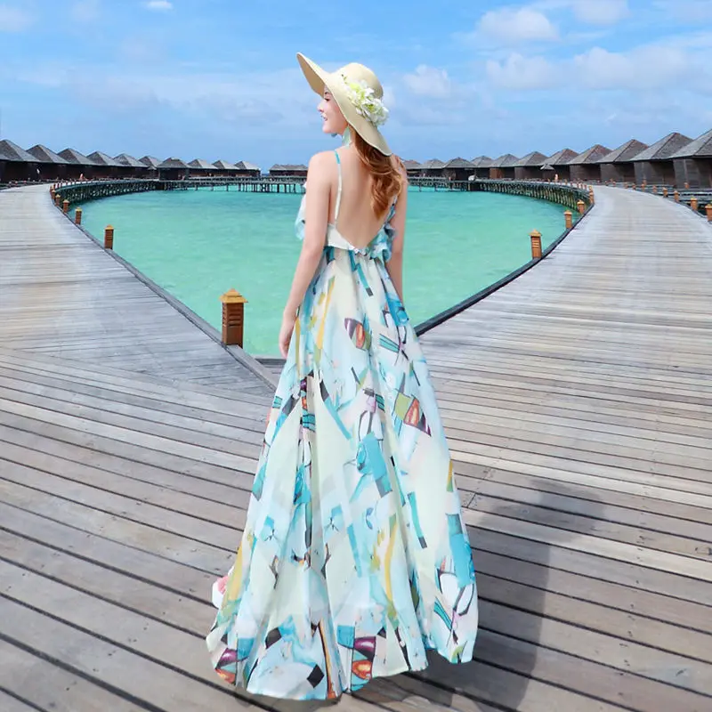 

2022 New Women Temperament Sleeeveless Vestidos Female Floral Elastic Waist Dresses Ladies Summer Pleated Mid-Calf Vestidos A71