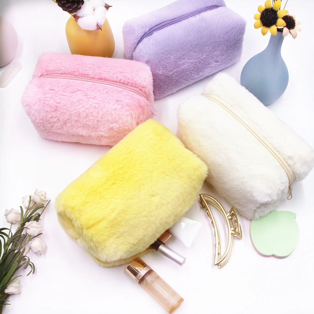 

Winter Plush Cosmetic Bag Candy Color Square Makeup Organizer Bag Women Portable Travel Toiletry Bags Student Cute Pencil Case
