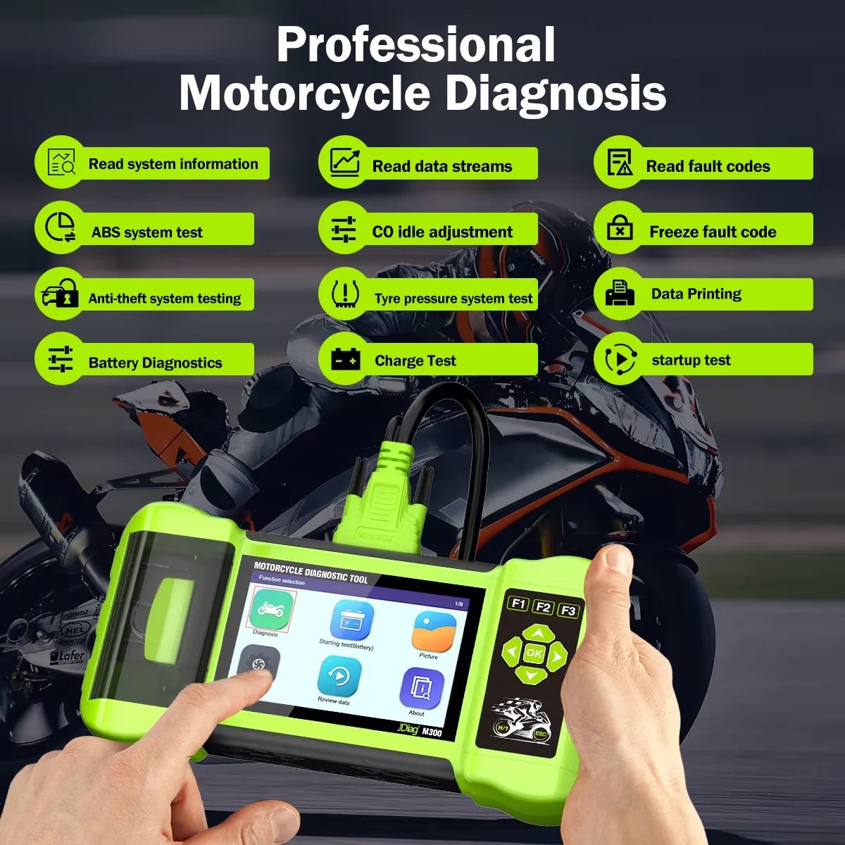 Фото JDiag M300 OBD2 Scanner Motorcycle Diagnostic Tool - Moto Scanner for Fault Code Read ABS Engine Compatible with BMW Yamaha Harl №3
