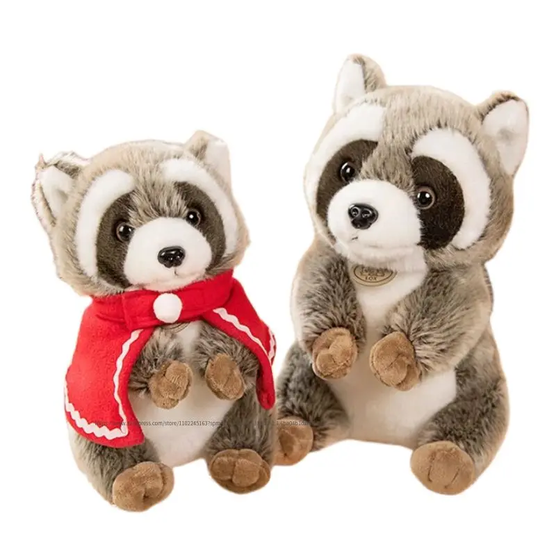 

Raccoon Lifelike Doll Plush Toy Wild Animal Cloak Bell Brown Plushie Simulation Forest Peluche Cuddly Kawaii Boys Girls Gift