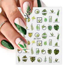 Calcomanías autoadhesivas para manicura, pegatinas 3D de hojas y flores de Palma verde y primavera, 1 unidad
