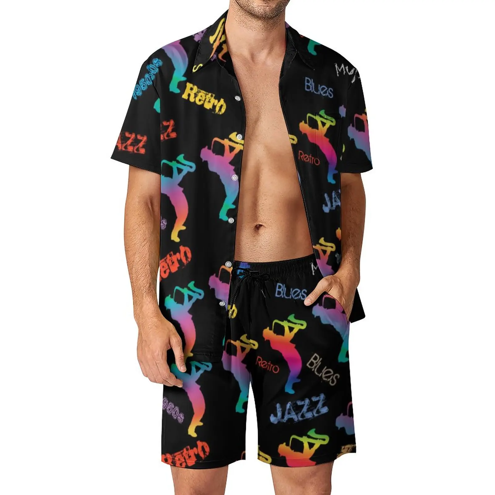 

Neon Jazz Festivals Men Sets Retro Music Pop Art Casual Shorts Summer Vintage Beachwear Shirt Set Short-Sleeve Oversized Suit