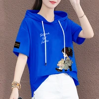 sweater 100 cotton short sleeved t shirt womens 2022 summer new korean version loose casual top hooded sweater trendy