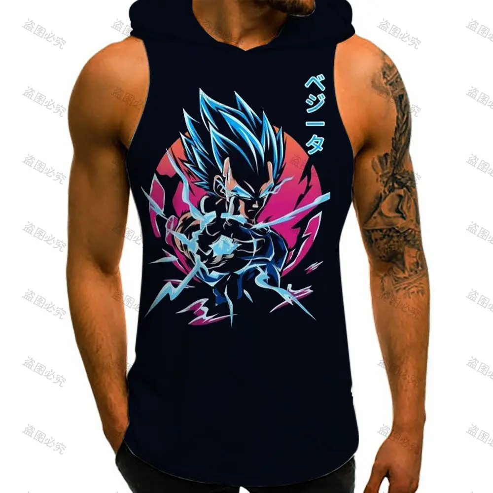 

2024 Dragon Ball Z Trend Vest with Hood Men's T-shirts Sleeveless Vests Fashion Gym Tank Top Men Bodybuilding Man New Goku Tops