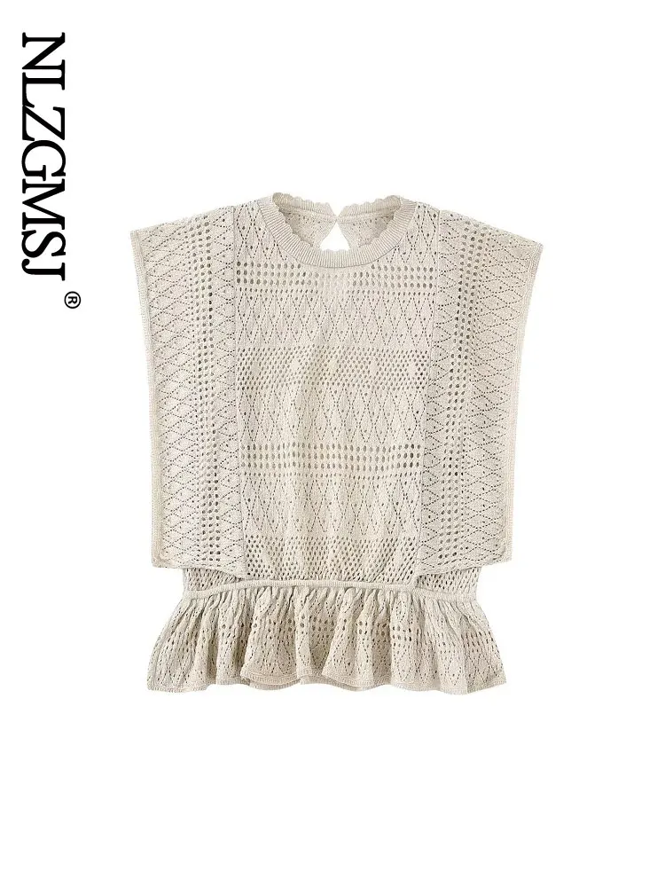 

Nlzgmsj Women Summer O-Neck Sleeveless Hollow Out Flower Mesh Gauze Basic Ruffles Shirt Lady Short Slim Pullover Blouse Tops