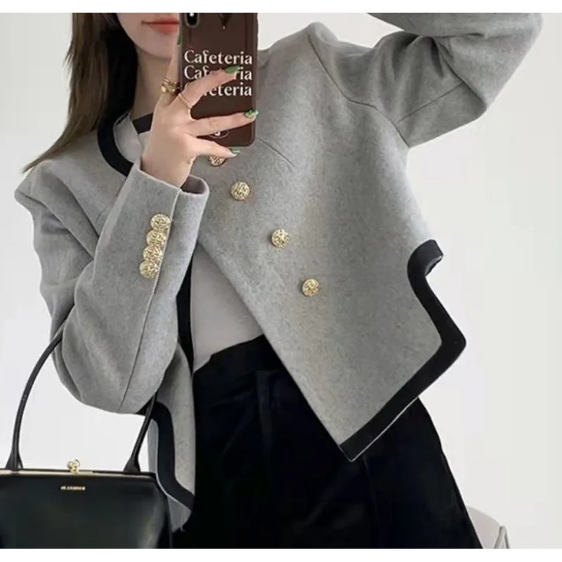 

Женский укороченный твидовый пиджак, серый элегантный укороченный пиджак, офисная короткая Асимметричная куртка в Корейском стиле, винтажная Повседневная Верхняя одежда, новинка