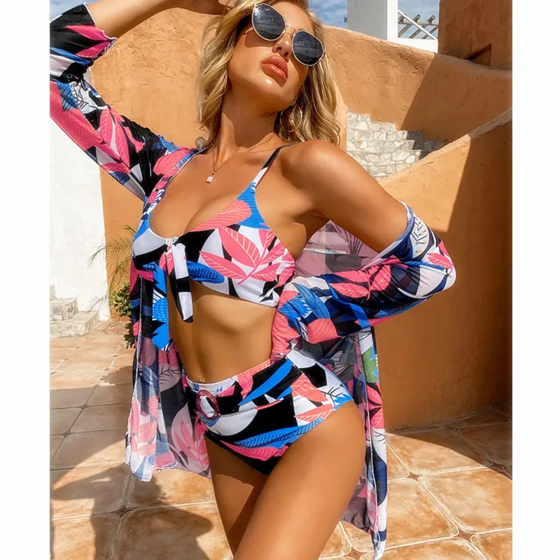 

Женский комплект бикини с тропическим принтом, Пляжная треугольная одежда с высокой талией и подкладкой, лето 2023