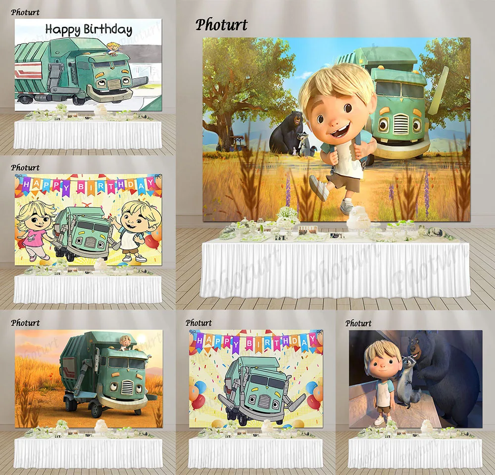 PHOTURT Trash Truck Backdrop Kids 1st Birthday Party Decoration Photography Background Hank Polyester Vinyl Photo Studio Props