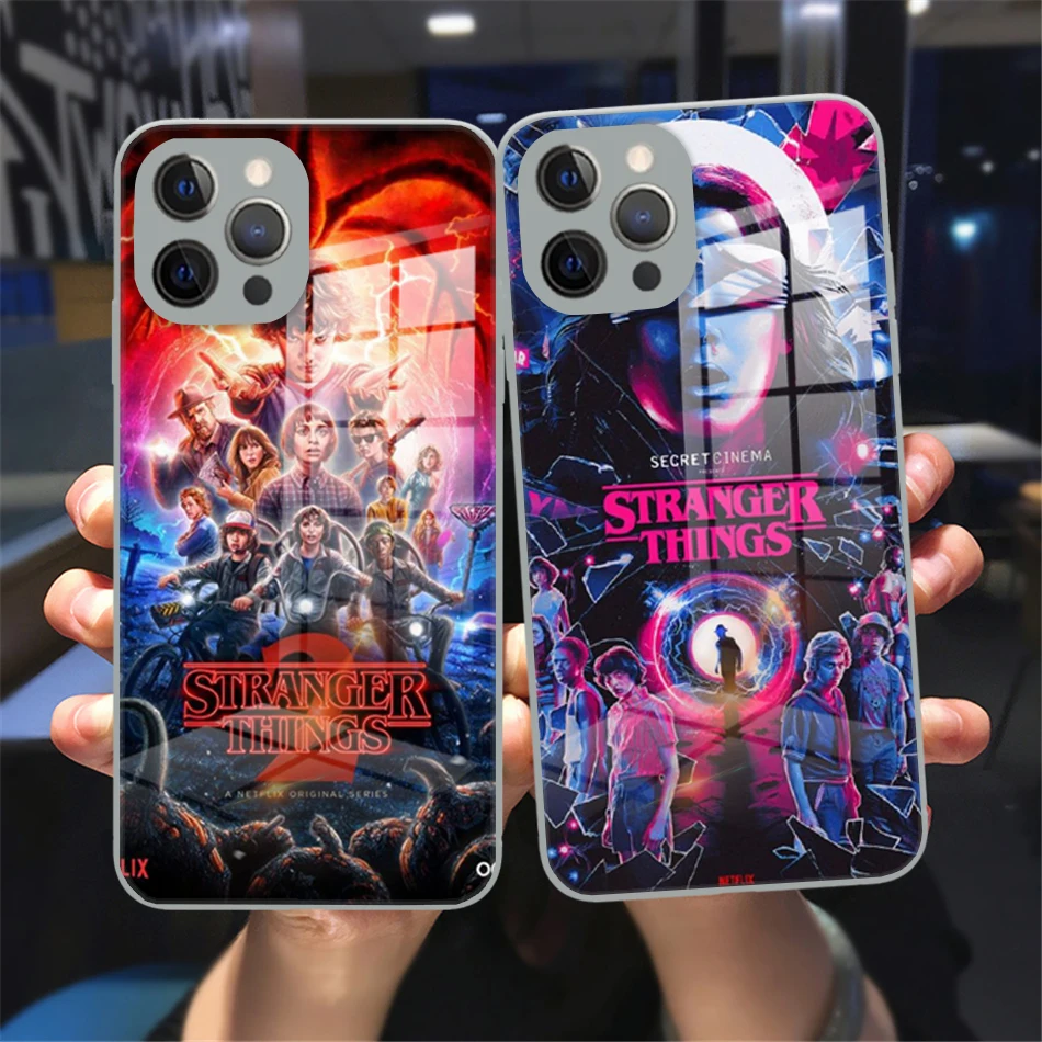 

Stranger Things American TV Show Glass Phone Cover For iPhone11 12 13 14 Pro Max X XR XSMax 8 14 Plus Grey Tempered bumper Case