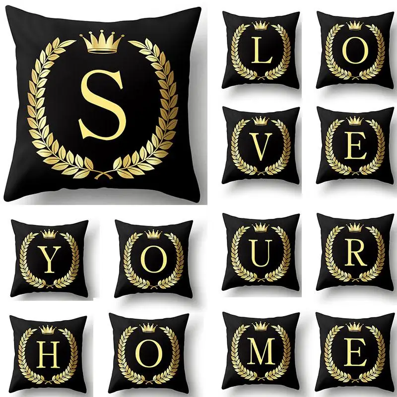 

Black Gold Letter Crown Polyester Cushion Cover Sofa Home Decor Pillow Case Decorative Cushion 45x45cm