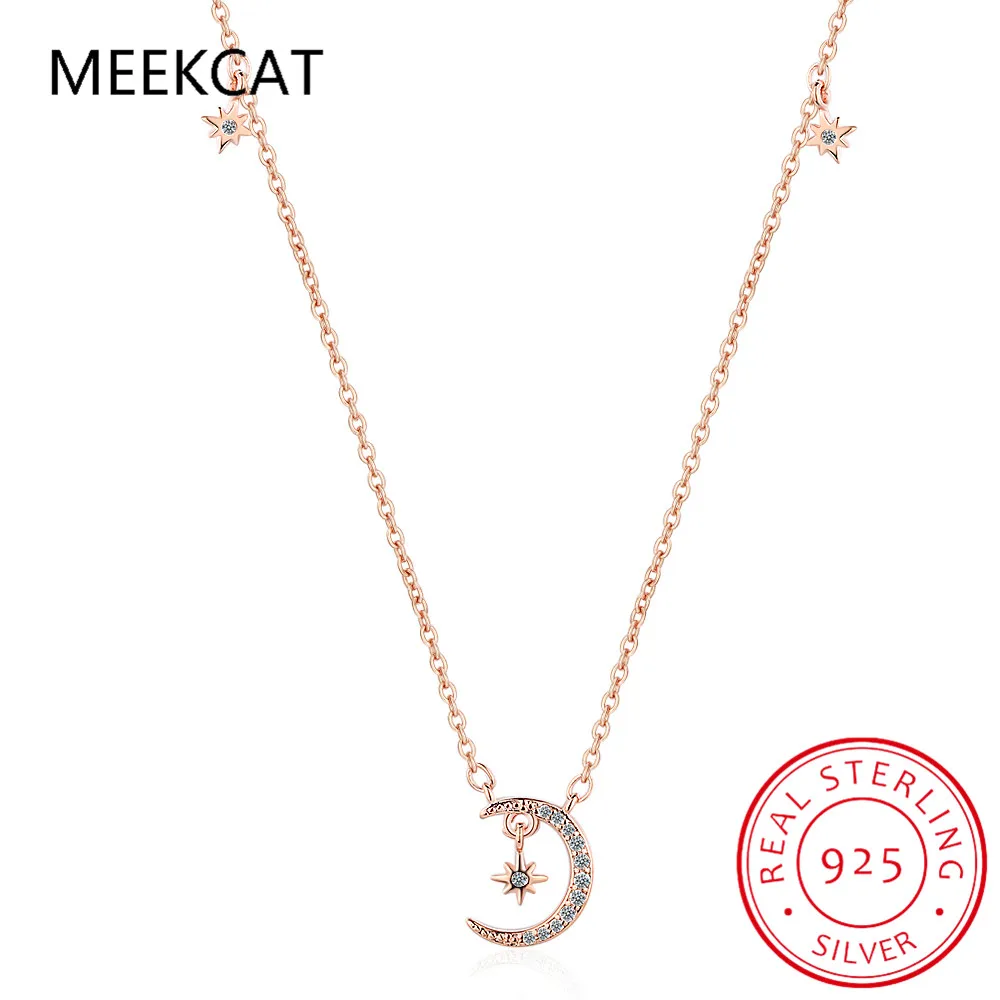 Настоящее серебро 925 пробы модное колье-чокер с милой луной и звездой CZ для женщин