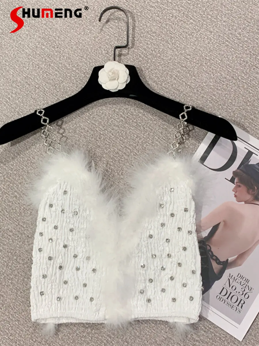 

Новинка весна-лето 2023, красивый роскошный тяжелый тонкий женский топ с искусственными перьями, привлекательный эластичный облегающий жиле...