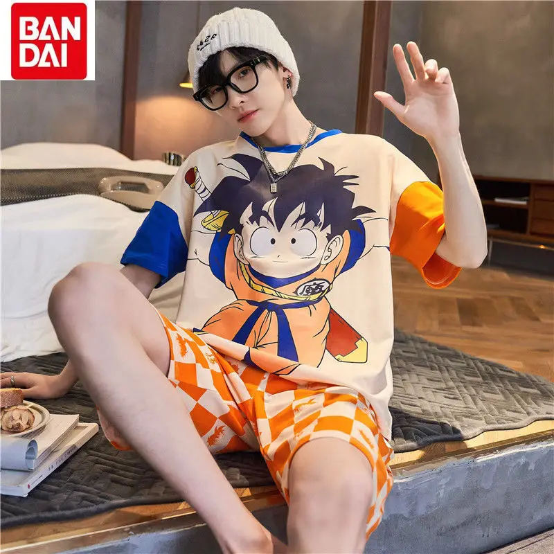 

2022 Summer Bandai Anime Dragon Ball Wukong Pure Cotton Plaid Shorts Comfortable Thin Pajamas Student Casual Homewear Set