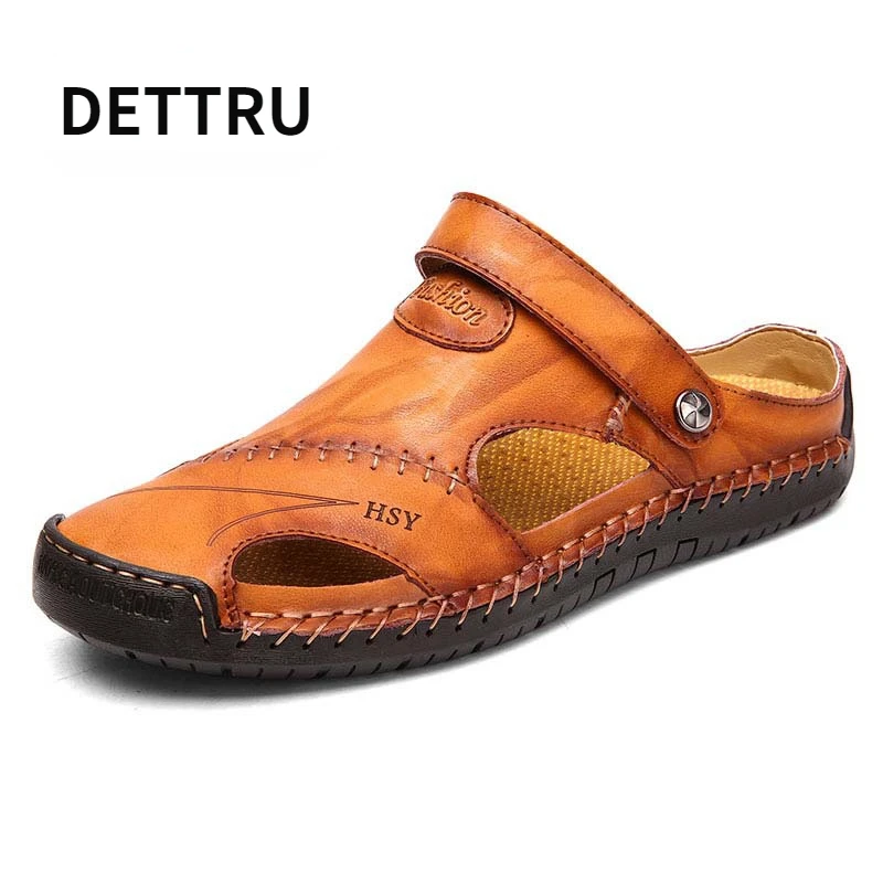 

Classic Summer Men's Sandals Genuine Leather Soft Breathable Shoes Designer Beach Roman Brand Sandals Leather Men Sandals Slides