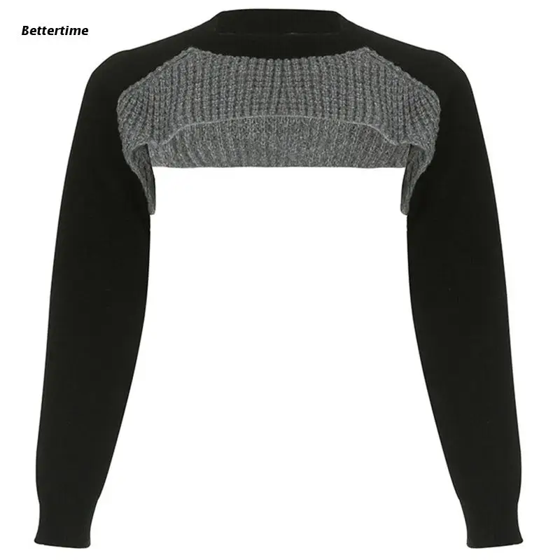 

B36D Autumn Raglan Long Sleeve Knitted Crop Top Harajuku Colorblock Patchwork Women Loose Cropped Sweater Knitwear Jumpers