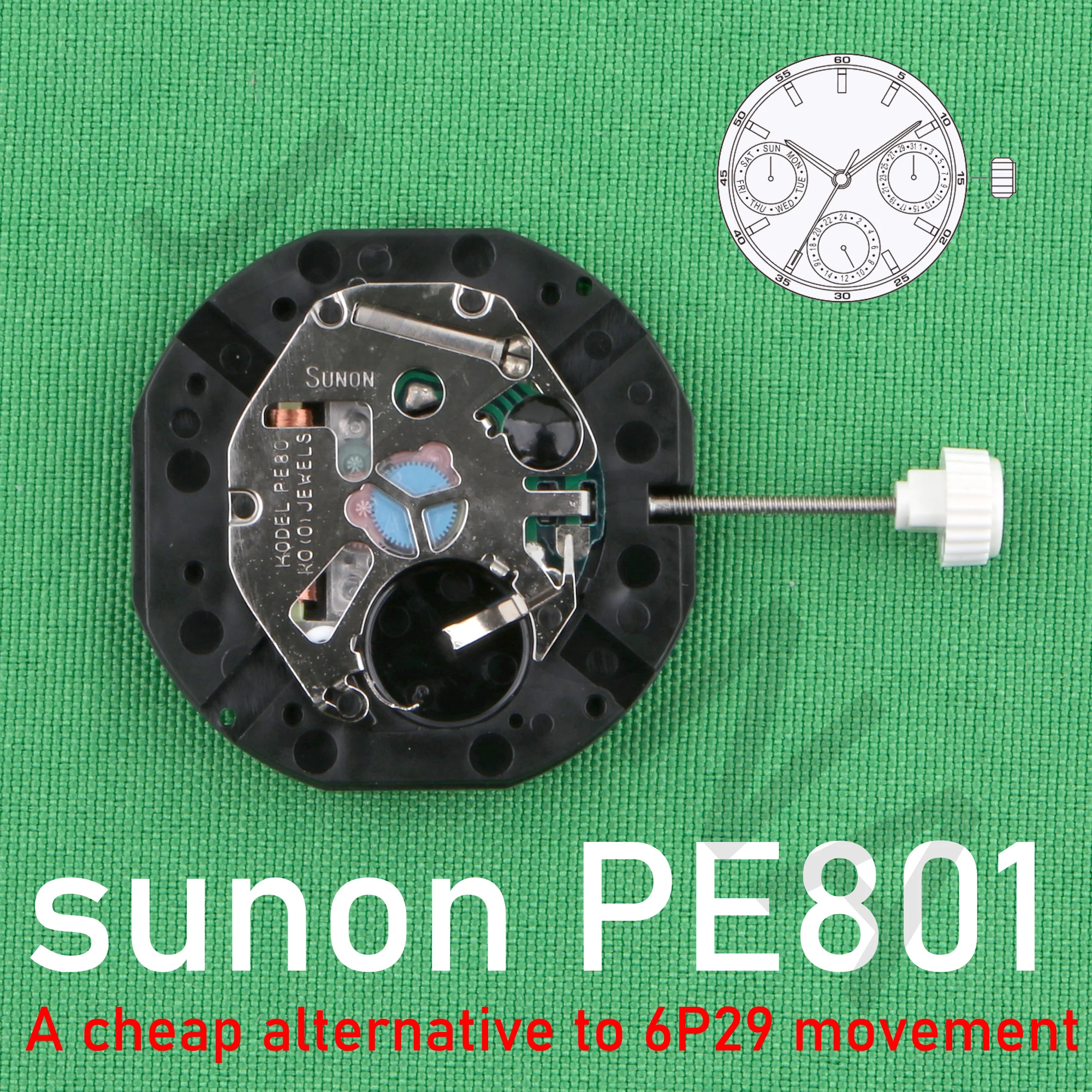 chian sunon PE80 movment PE801 multi-eye 3/6/9 date/day/24 hour pe801 movement quartz movement alternative 6p29 movement