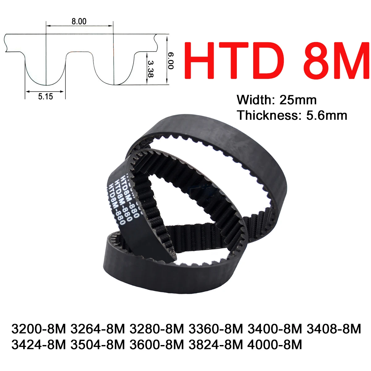 

1Pc Width 25mm 8M Rubber Arc Tooth Timing Belt Pitch Length 3200 3264 3280 3360 3400 3408 3424 3504 3600 3824 4000mm Drive Belts