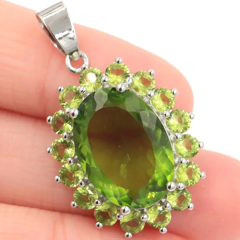

36x21mm Anniversary Oval Gemstone Created London Blue Topaz Green Peridot Gift For Ladies Wedding Silver Pendant