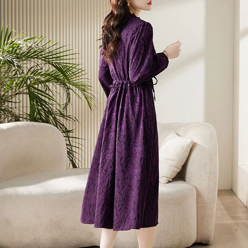 Women Spring Autumn Elegant Dress Female Office Solid Color Half High Collar Vintage Long Sleeves Shirring A Line Vestidos M799