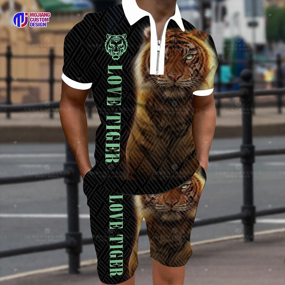 Cool The Tiger 3d Printed Polo Shirt/Shorts/Suit Summer Casual Lapel Short-Sleeved Animal Sportswear Two-Piece Sportswear