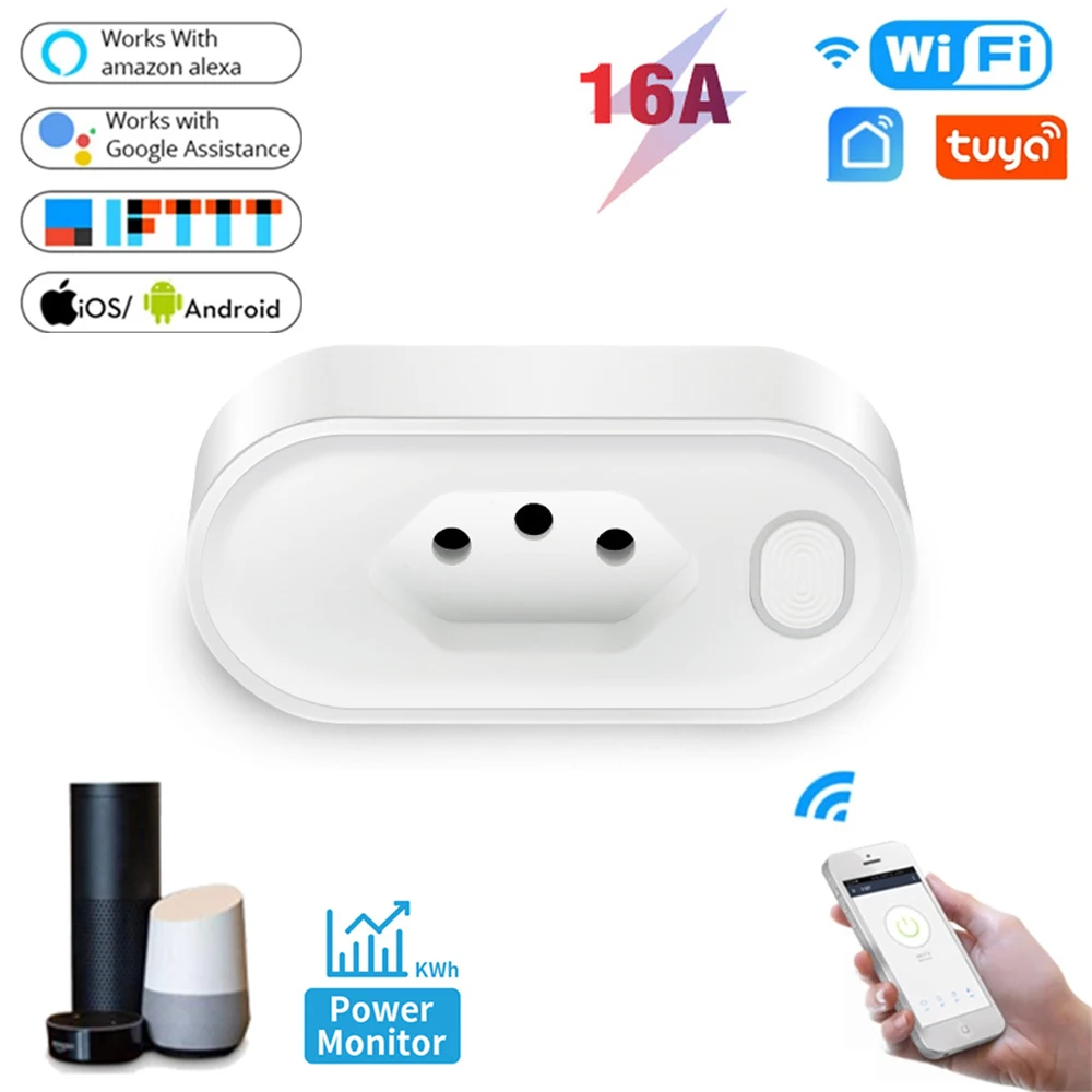 Купи Tuya WiFi Smart Plug 16A Brazil Standard Smart Life APP Remote Smart Socket Timing Voice Works with Google Home Alexa Echo за 616 рублей в магазине AliExpress