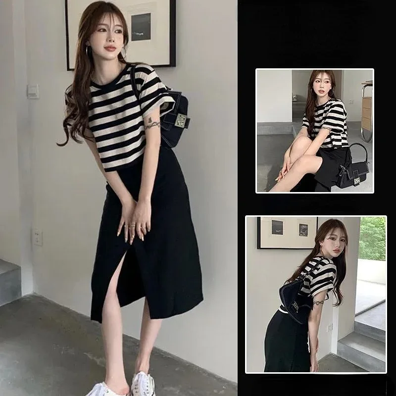 Женский костюм из двух предметов тонкий топ в полоску ретро-стиле с полуюбкой