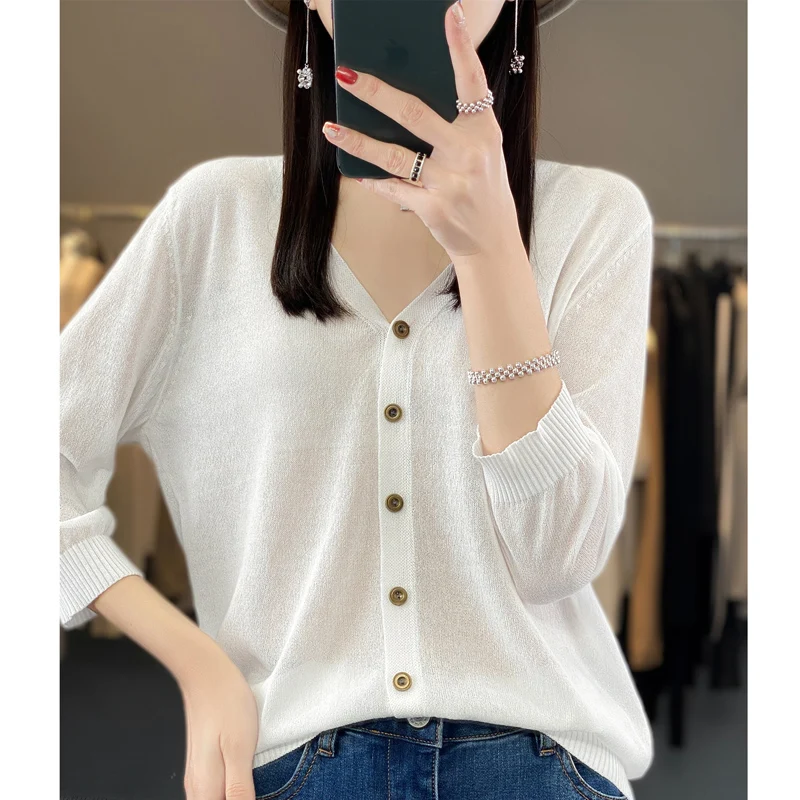 

Thin Cropped Sleeve Knit Cardigan In Spring And Summer Feminine And Versatile Mid-Sleeve Sun Protection Air Conditioning Shirt