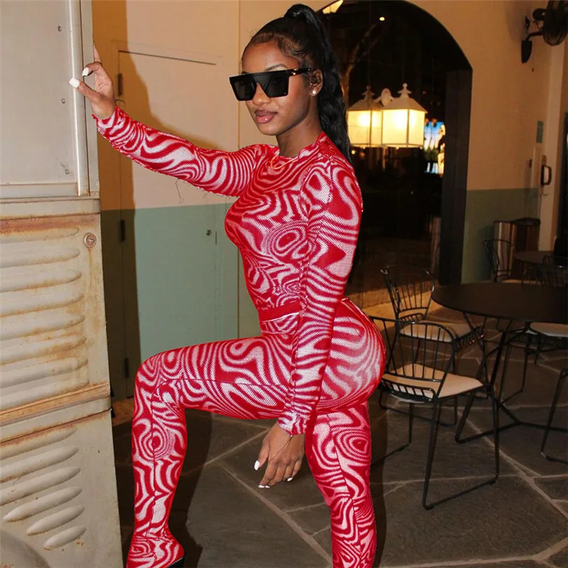 Europe-America 2023 Summer Women's New Sexy Printed Long-Sleeved Tights With High Waist Slim Fit Buttocks Lifting Trousers Set