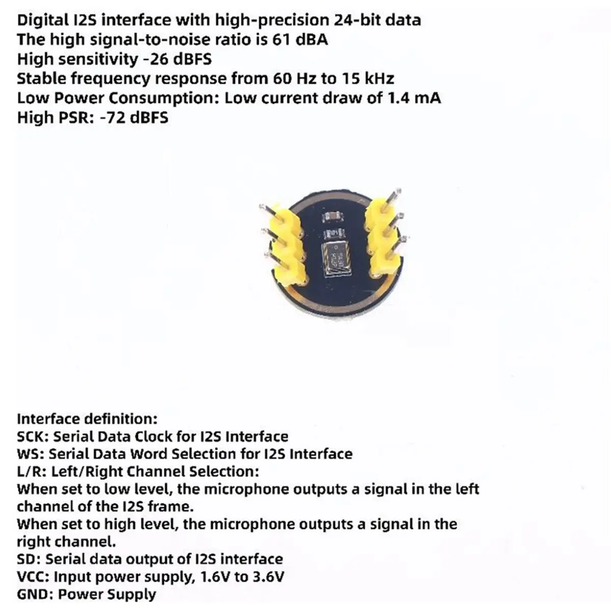 Модуль всенаправленного микрофона AAAE MS3625 с интерфейсом I2S, MEMS, высокая совместимость с INMP441, паянные выводы (art.: 3920dc2ab31ae) - 3920dc2ab31ae