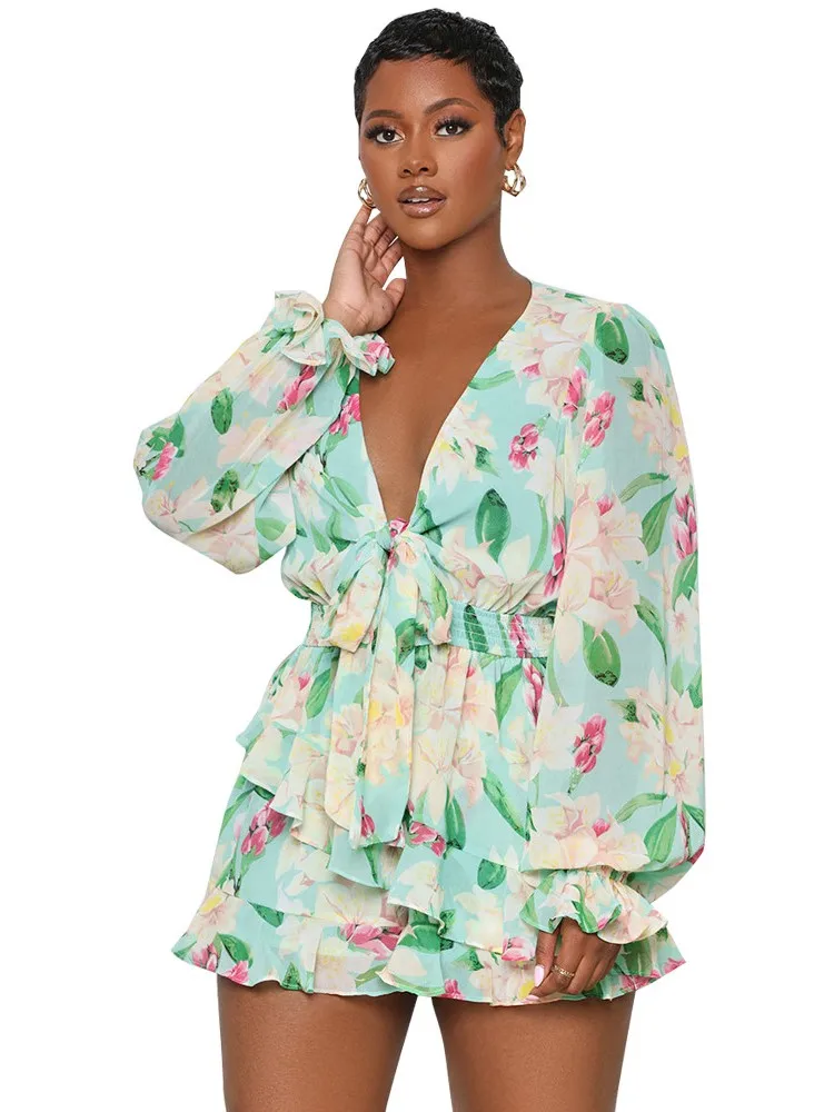 

Костюм пляжного типа Женский с V-образным вырезом, шифоновый короткий комбинезон с оборками и цветочным принтом, уличная одежда в африканск...