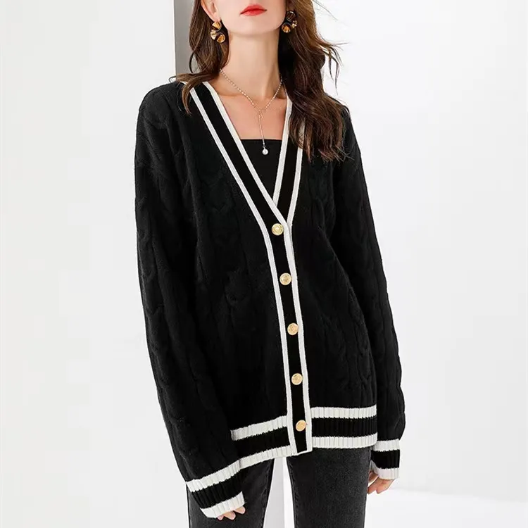 

2022 New Autumn Winter Thickened Knitted Jacket Women Fashion V-neck Twist Contrast Loose Jacket Top Retro Sweater Cardigan