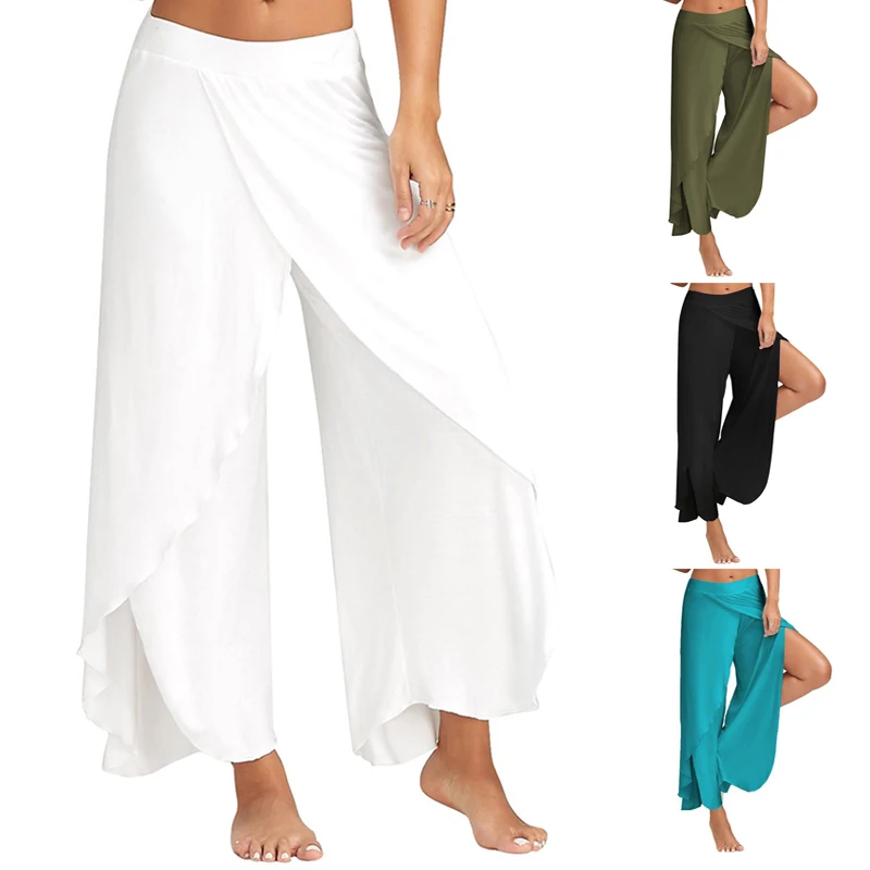 Women Wide Leg Pants Loose Chiffon Yoga Split Trousers Open Leg Pants Summer Fitness Comfort Gypsy Hippie Aladdin Harem Pants