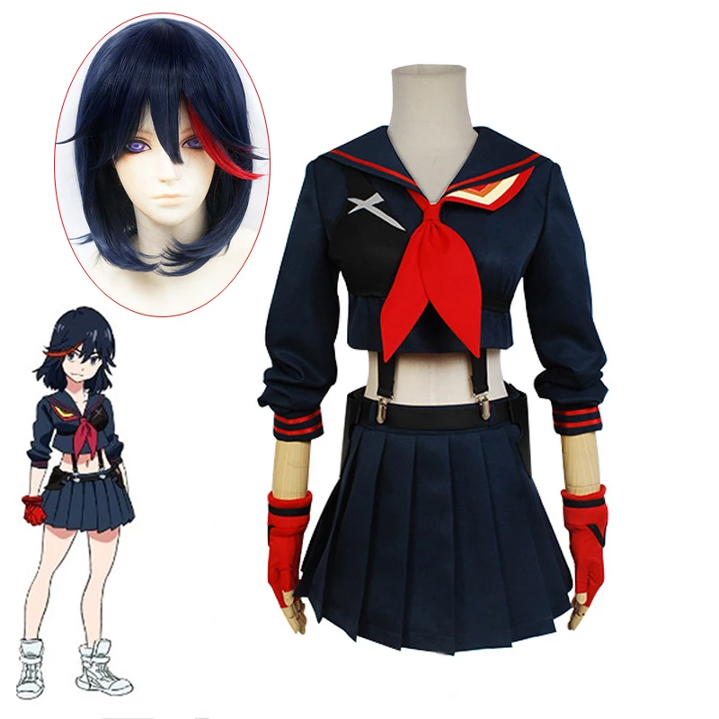 

Костюм для косплея Райко из аниме KILL la KILL, комплект униформы JK для девочек, юбка, перчатки, короткие синие волосы, наряды на Хэллоуин