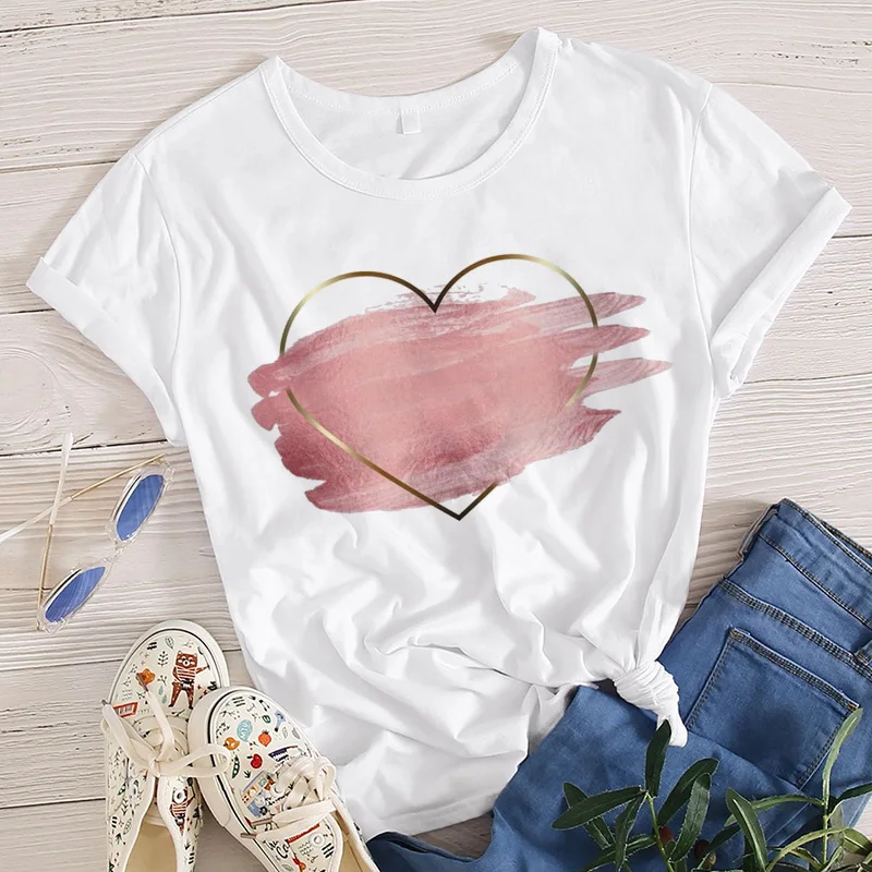 

Heart Flower Print Ladies T-shirt Women Ladies Casual Basis O-collar White Shirt Short Sleeve Ladies Tshirt Love Graphic T Shirt