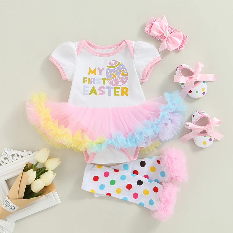 

Newborn Easter Set baby Girl Summer Clothes Short Sleeve Tutu Dress Style Romper + Bow-Knot Headband + Leg Warmers + Shoes 4pcs
