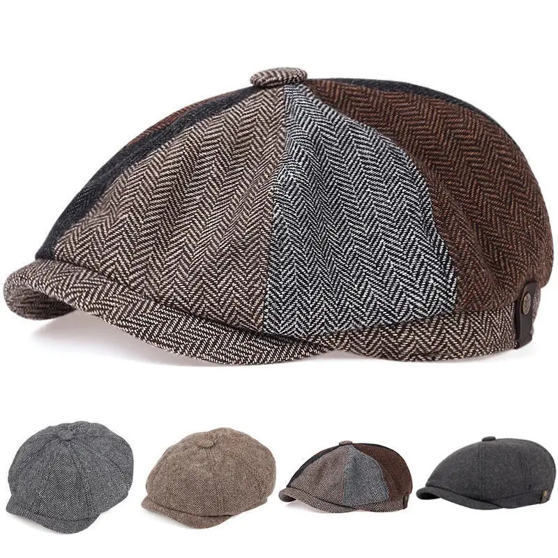 

Men's 8 Panel Wool Blend Newsboy Flat Cap Herringbone Tweed Hats Free Shipping