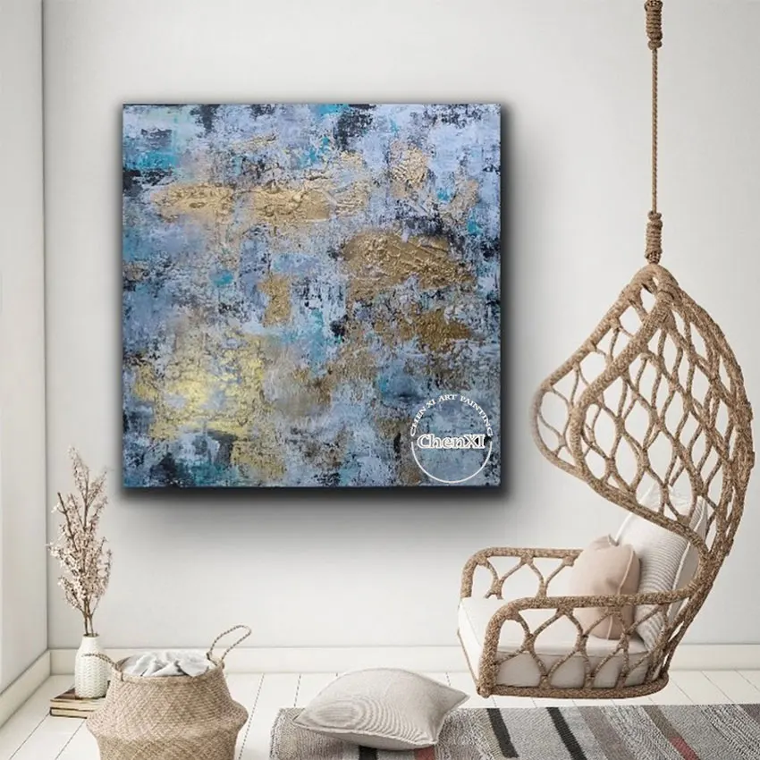 

New Arrival Blue Abstract Gold Foil Oil Paintings On Canvas China Artwork Modern Home Goods Wall Decor Accessories Unframed