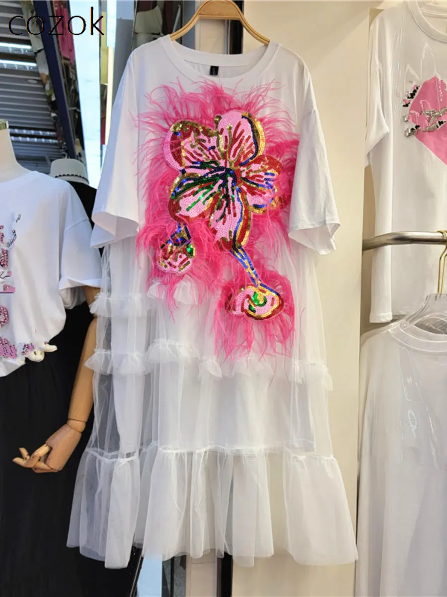 

Women's 2023 Summer New Heavy Beads Embroidered Sequins Flower Stitching Dress Fashion Mesh Mid-Length Loose Dress Women
