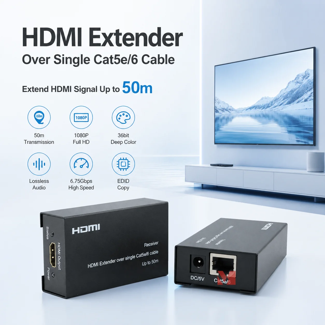 Фото Удлинитель HDMI на 50 м через один кабель Cat5e/Cat6, передатчик и приемник HDMI 1080P, адаптер HDMI через кабель LAN, копирование EDID №1