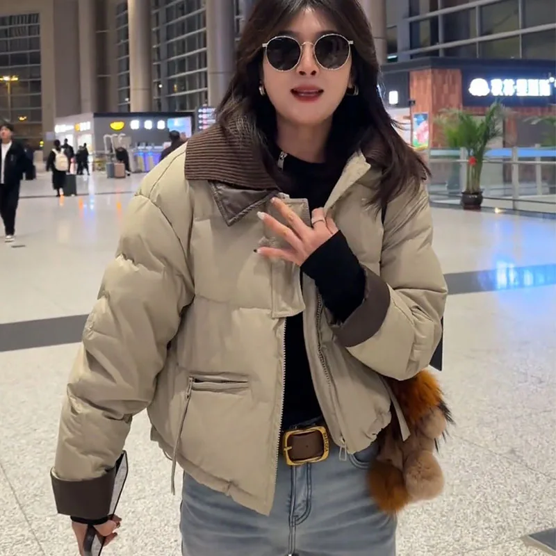 Вязаная утолщенная женская куртка на хлопковой подкладке с лацканами осень-зима