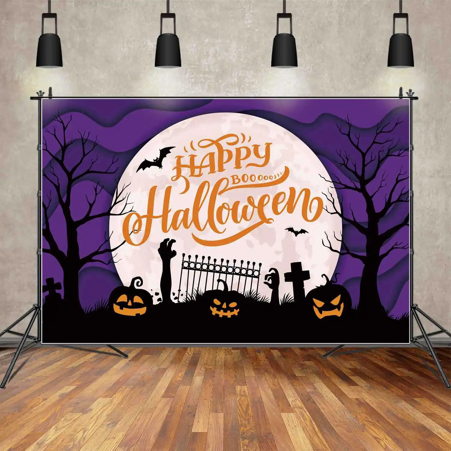

MOON.QG Backdrop Happy Halloween Banner Party Jack O Lantern Tombstone Background Skeleton Hand Tree Bat Shadow Photo Booth Prop