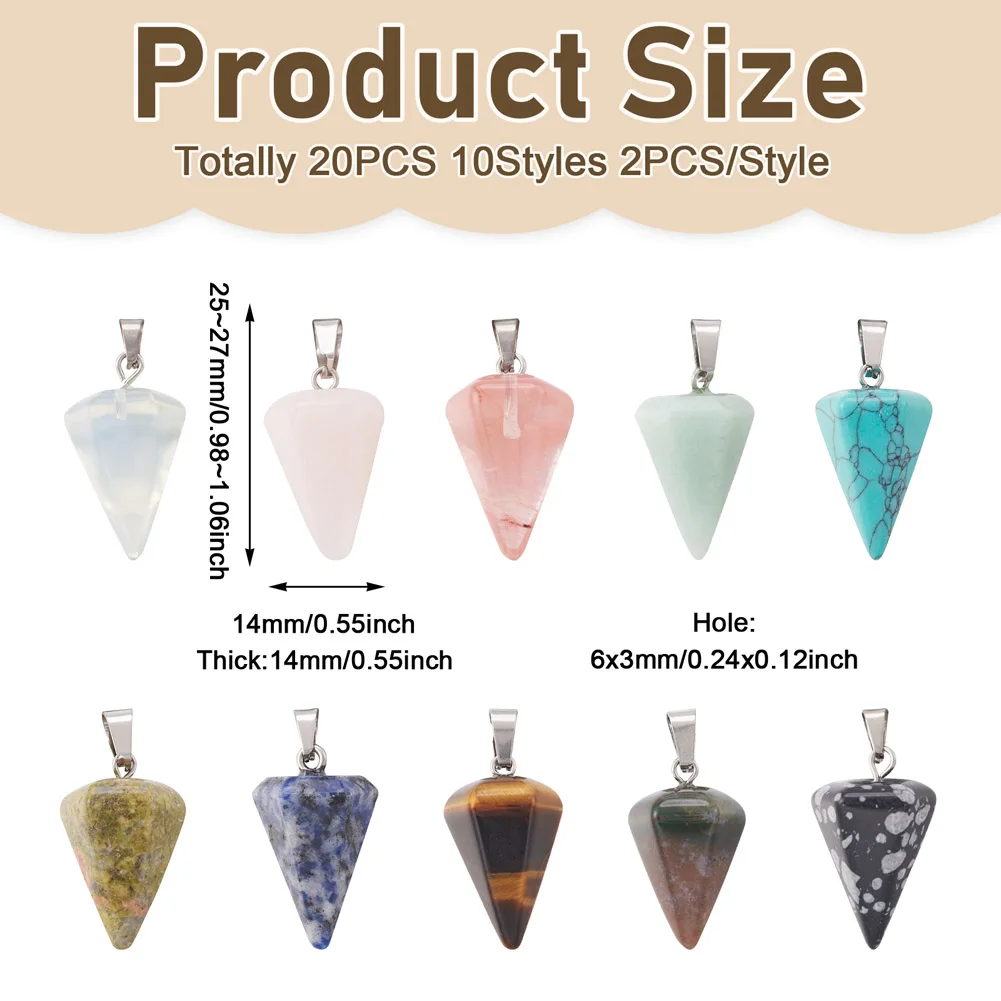 20pcs Cone Gemstone Pendant Natural&Synthetic Healing Stone Charms Spike Shape Small Dangle Necklace Earring Jewelry DIY Making