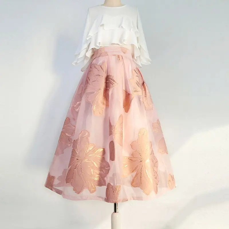 

2023 Spring Korean Fashion Vintage Chic Elegant Clothes Women Retro Floral High Waist Pleated Midi Skirt Office Skirt S42