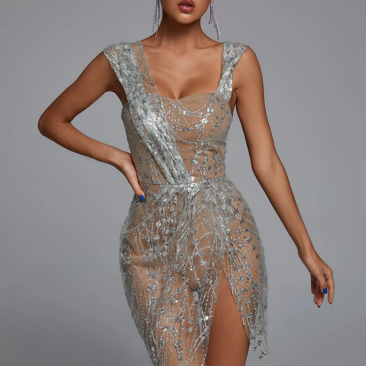 

ARIANA Women Silver Sequins Princess See Through Mature Red Carpet Kendall Mini Evening Glitter Mesh Dress Vestidos Met Gala